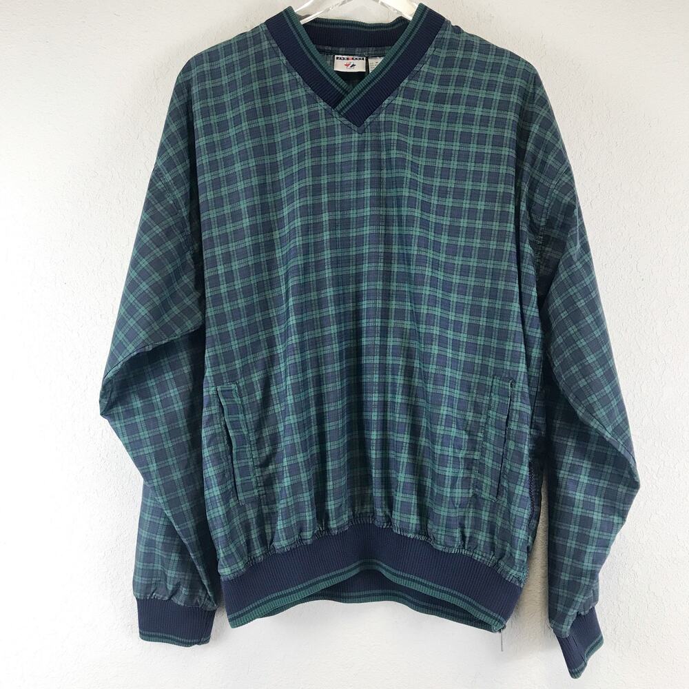 Vintage Jerzees Plaid Nylon Pullover Windbreaker V-Neck Pockets Side Zip Size M